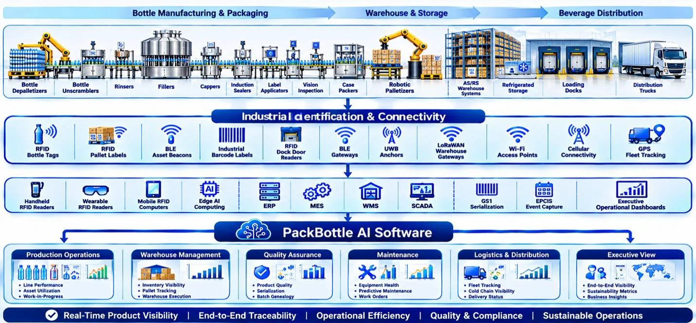 Block diagram showing industrial identification, AI software, and enterprise systems across beverage packaging.