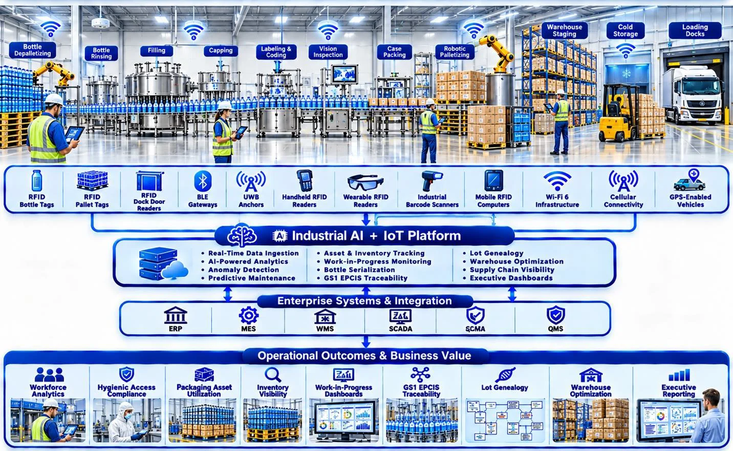 Enterprise block diagram integrating AI, RFID, BLE, UWB, enterprise systems, and beverage packaging workflows.