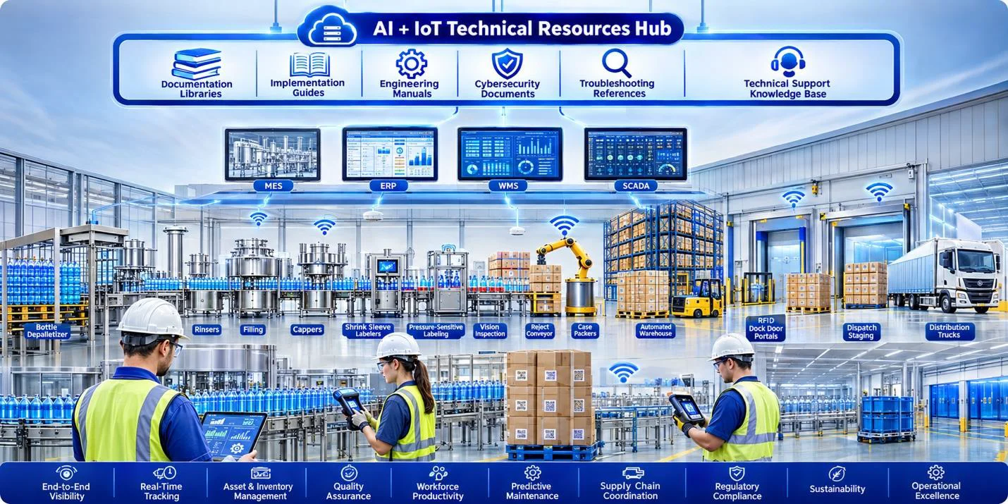 Enterprise illustration linking AI resources, packaging operations, warehouse systems, and production dashboards.