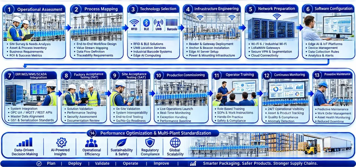 Workflow showing AI and IoT implementation phases for beverage packaging from assessment to optimization.